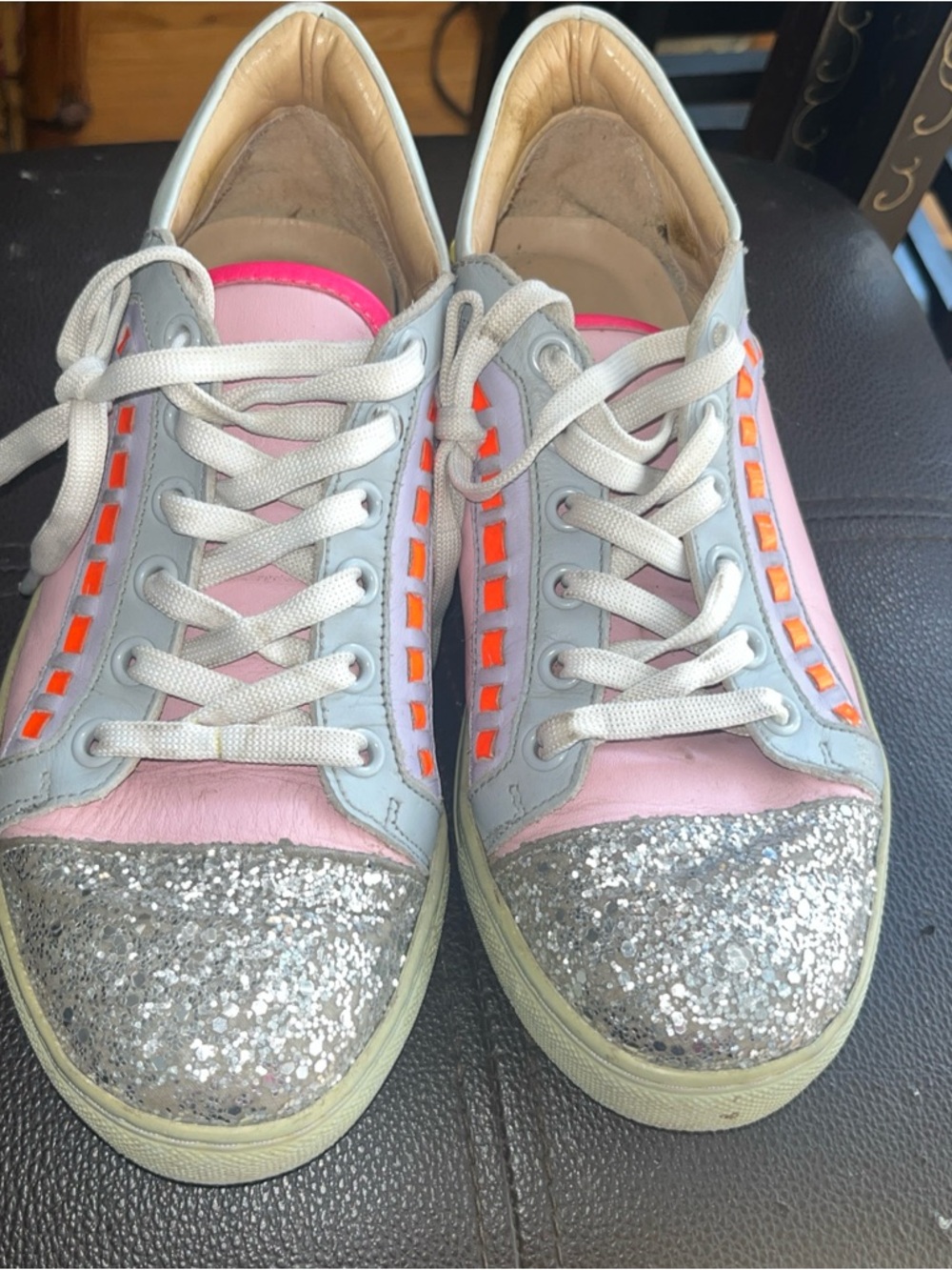 Sophia Webster Pink Sneakers with Silver Glitter Toecaps and Neon Orange Accents